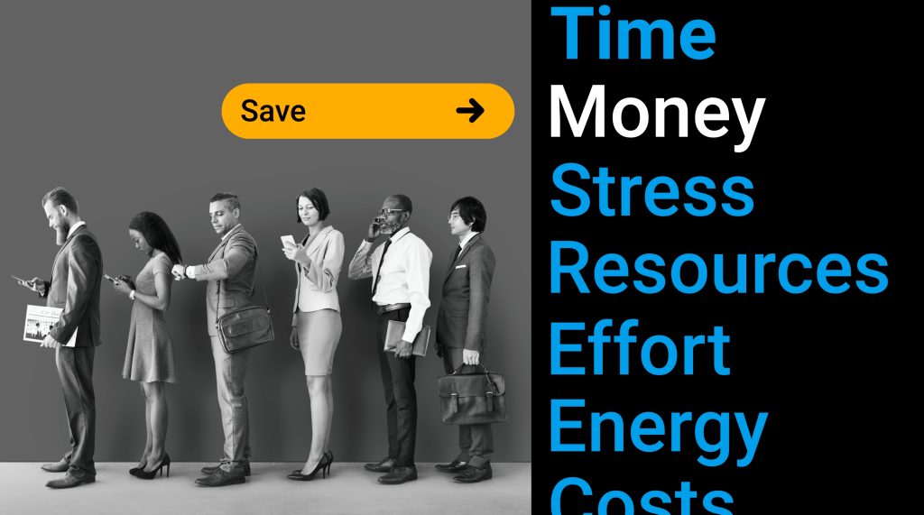 Employees lined up for work with text highlighting 'save money' through a remote staffing provider in Uzbekistan.